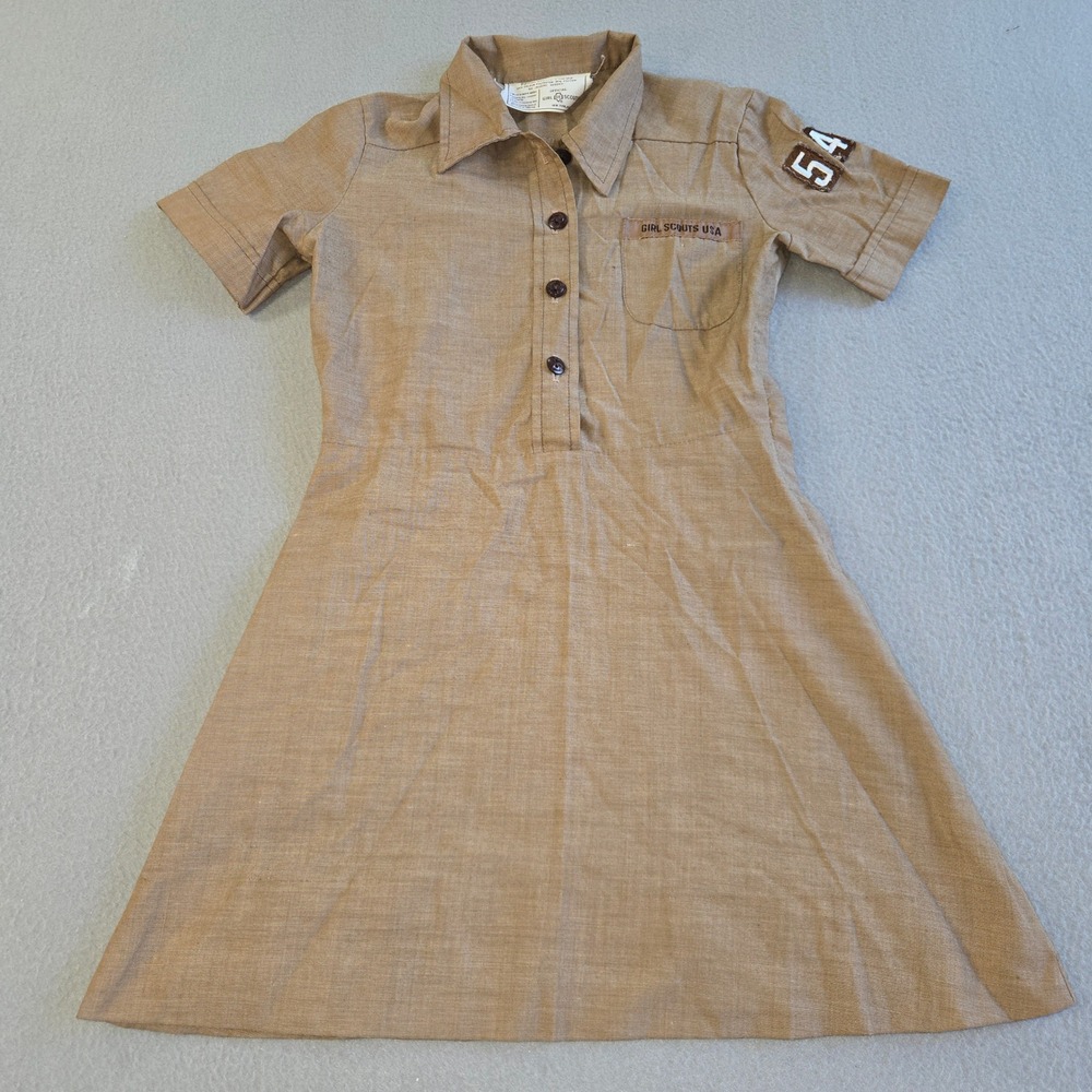Girl Scouts USA Uniform Dress Girls‎ Vintage Tan 544 Patches Short Sleeve A-Line